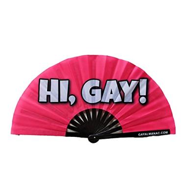 Imagem de PandaTak Ventilador portátil do Pride Festival – Grande leque de mão de bambu de 33 cm dobrável com tinta UV reativa – Acessório divertido para festas, shows e trajes de festival (Hi Gay!)