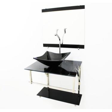 Imagem de Kit gabinete banheiro 60cm iq inox com cuba quadrada mármore preto + t