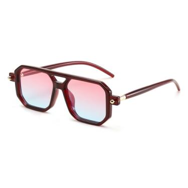 Imagem de FEISEDY Óculos de sol vintage quadrado 70 aviador plano feminino masculino clássico retrô elegante armação UV400 B2622, Armação vermelha escura 025 e lente azul rosa, 52mm
