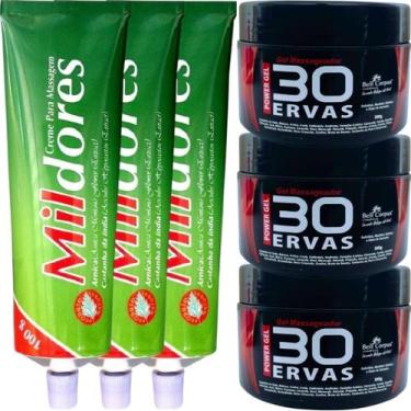Imagem de Kit 3 Gel 30 Ervas Power 300g + 3 Creme Para Massagem Mil Dores 100g -
