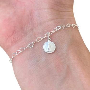 Imagem de Pulseira Elos Corações Medalha N Senhora Aparecida Prata 925 - Hakuna 