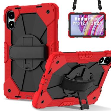 Imagem de Doemoil Capa para Xiaomi Redmi Pad Pro 30.7 cm/Xiaomi Poco Pad 30.7 cm com suporte/alça de mão/rotação/alça de ombro (vermelho/preto)