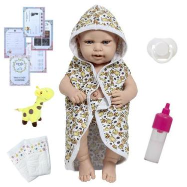 Imagem de Boneca Reborn Carequinha 43cm Roupão Girafa 100% Vinil - Cegonha Rebor