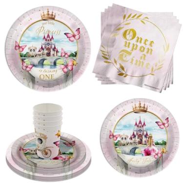 Imagem de Conjunto de utensílios de mesa de 64 peças de princesa de conto de fadas, inclui pratos de papel grandes de 23 cm, pratos de sobremesa, copos e guardanapos, kit para 16