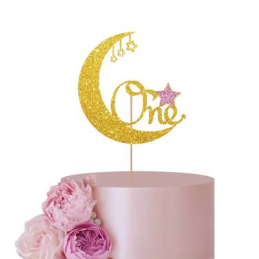 Imagem de Gold & Pink Twinkle Twinkle Little Star Cake Topper for Baby 1st Birthday Party Decor, Moon One Cake Topper, Glitter Moon & Star Baby Shower Party Decoration Supplies