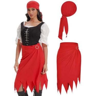 Imagem de Durio Womens Pirate Skirt Hat Pirate Accessories Halloween Costumes Adult Women Cosplay Costume Red Pirate Bandana Headband Scarf Hat For Men Women Renaissance Costume Bright Red One Size
