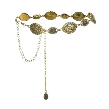 Imagem de HUSSATOP Cinto feminino Western Metal Concho com corrente de corrente de metal ajustável para vestidos e calças jeans, Dourado, tamanho �nico