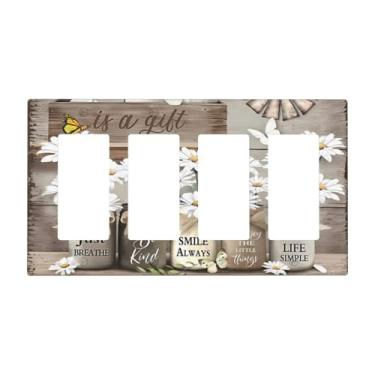 Imagem de Capa de interruptor de luz floral rústica campestre margarida 4 gangues quadriciclo placa de parede decorativa placa elétrica para banheiro cozinha acessórios de decoração de casa 20 x 11,4 cm