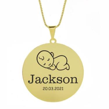 Imagem de Gargantilha Pingente Redondo Personalizado Nome Jackson Banhado Ouro 1