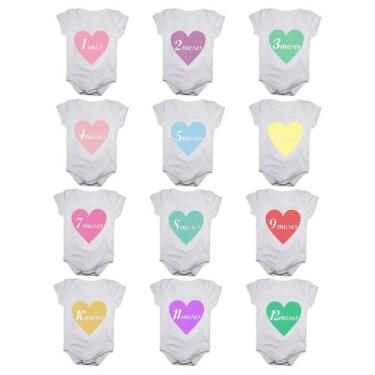 Imagem de Body mesversario corações Kit 12 bodies de bebê - Calupa, Branco