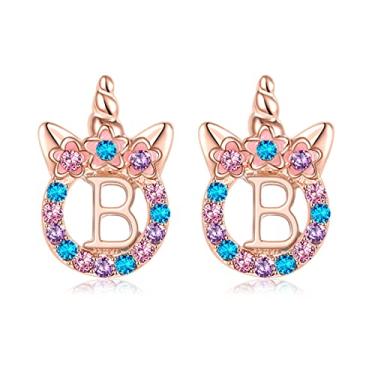 Imagem de TRWWELL Brincos de unicórnios, presentes para meninas, brincos de zircônia cúbica com inicial de unicórnio em ouro rosa para crianças, crianças, strass, letra inicial, unicórnio, brincos, joias para
