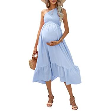 Imagem de FUNJULY Vestido de maternidade feminino de verão com laço de um ombro só, rodado, minivestidos rodados, vestido de maternidade para chá de bebê, XJ - azul-celeste, M