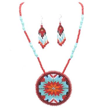 Imagem de Colar de contas feito à mão, estilo nativo americano, colar indain com contas premium para mulheres, conjunto de brincos de medalhão longo com contas de sementes para mulheres. S-51-SB-9 Flor