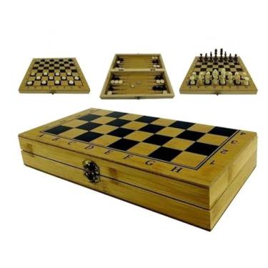 Imagem de Tabuleiro de Jogos de Madeira 3 em 1, Xadrez, Damas e Gamão, 29 cm
