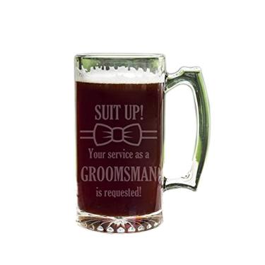 Imagem de Suit Up Bow Tie GROOMSMAN Service Requested 680.4 g Caneca de cerveja de vidro gravado com alça G