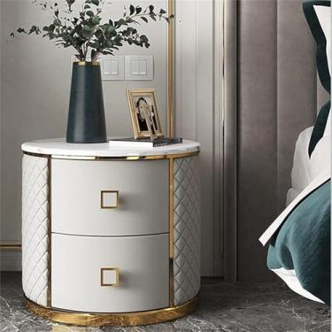 Imagem de Mesa de cabeceira de couro de mármore nórdico com 2 gavetas, mesa de cabeceira moderna para armário de armazenamento de quarto, moldura de aço inoxidável de armário de cabeceira estilo italiano, não é
