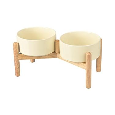 Imagem de SPUNKYJUNKY Tigelas Elevadas De Cerâmica Para Cães Tigelas Elevadas Para Cães Com Suporte De Madeira Para Comida E Água Tigela De Alimentação Para Animais De Estimação Para Cães Pequenos E Médios (Tig