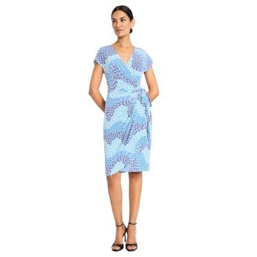 Imagem de Maggy London Vestido feminino com decote em V, manga cavada, comprimento no joelho, laço lateral, estampa abstrata, pincelada, elegante, Creme/azul royal, 40