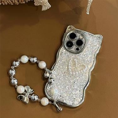 Imagem de Linda orelha Giltter Pearl Heart Phone Case Bead Strap para iPhone 15 13 14 12 11 Pro Max Moldura ondulada Capa de silicone macio, prata, para iPhone 13ProMax