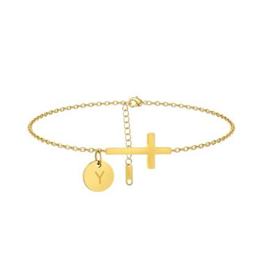 Imagem de Mauzew Tornozeleira feminina com inicial dourada delicada à prova d'água com cruz dourada personalizada A-Z Moeda Disco Letra Tornozelo Pulseira Verão Praia Joias Presentes Amizade, one size, Sem