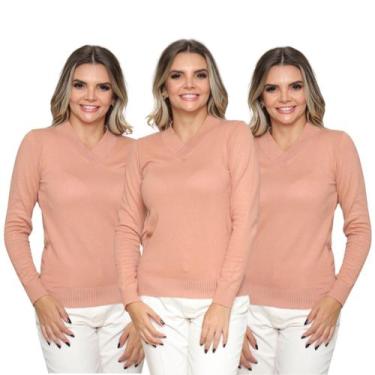 Imagem de Kit 3 Blusas Feminina Gola V Tricô Macio Sueter Manga Longa Inverno Ca