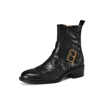 Imagem de TinaCus Bota feminina de bico redondo feita à mão com zíper com fivelas, salto baixo grosso, couro legítimo, casual, cano curto, Preto, 36