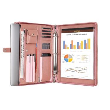 Imagem de Pasta de couro rosa para mulheres, pasta de couro empresarial com 3 anéis, fichário de couro personalizado, organizador de portfólio com zíper para bloco de notas tamanho carta A4 e laptop/tablet de