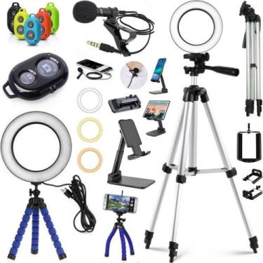 Imagem de Kit Gravação Ring Light Luz Tripé Microfone Filmagem Acessórios para C