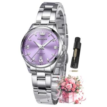 Imagem de OLEVS Relógios femininos luxuosos, elegantes, de aço inoxidável, à prova d'água, luminosos, diamantes, modernos, relógios femininos para pulsos pequenos, relógio feminino roxo prateado, relógio