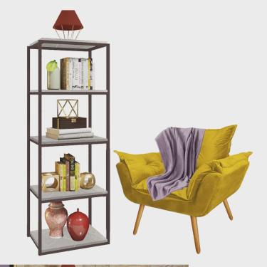 Imagem de Kit Poltrona Fatte com Manta Soft Lilás e Estante Livreiro Ferro Marrom mdf Marmorizado Cinza Suede Amarelo - Ahz Móveis