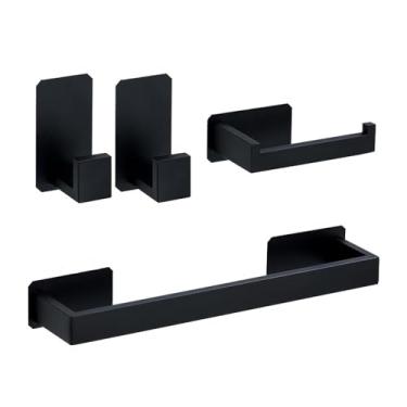 Imagem de Kit de ferragens para banheiro autoadesivo preto, suporte para papel higiênico de aço inoxidável, gancho para barra de toalha, acessórios para banheiro, conjunto de 4 peças A