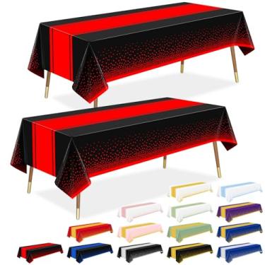 Imagem de LANLISA Toalha de mesa vermelha e preta, pacote com 6, toalhas de mesa de plástico descartáveis para aniversário, formatura, aposentadoria, baile de máscaras, decoração de festa