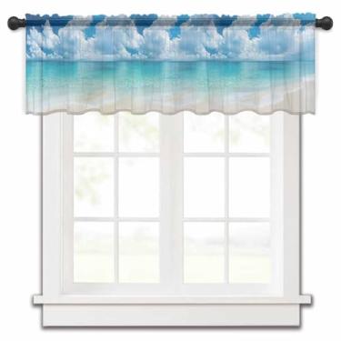 Imagem de Cortina transparente litorânea bege turquesa para janelas de cozinha, céu de praia de verão, cenário realista, tratamentos de janela de chiffon, bolso para varão, saia curta para sala de estar