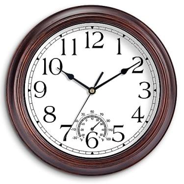 Imagem de KECYET Relógio de parede externo de 25 cm com termômetros, relógios de parede vintage silenciosos operados por bateria, relógio retrô sem tique-taque decorativo para sala de estar, pátio, cozinha