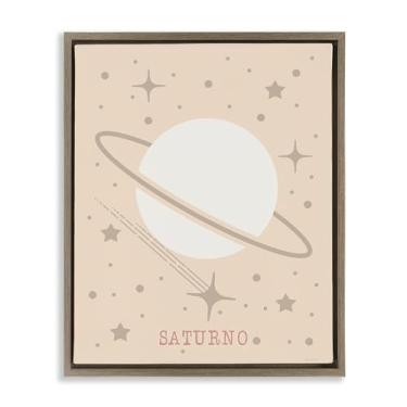 Imagem de Stupell Industries Arte de parede em tela flutuante marrom com Saturno minimalista com estrelas, design de Daniela Santiago, 25 x 31