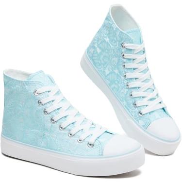 Imagem de BENPAO Tênis feminino de lona de cano alto, bordado floral, tênis moderno - branco respirável casual para caminhada, Azul claro, 39