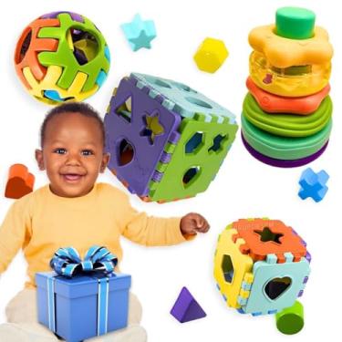 Imagem de Kit brinquedos pedagógicos educativos bebê 1 ano cubo de montar e encaixar sensorial didático + torre formas geométricas coloridas aprendizagem criança 12 meses jogos recreativos Presente Natal