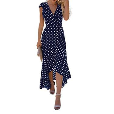 Imagem de GRECERELLE 2024 Vestido longo feminino primavera verão boho estampa floral gola V falso envoltório para convidados de casamento, formatura, festa, 01 bolinhas - azul marinho, P