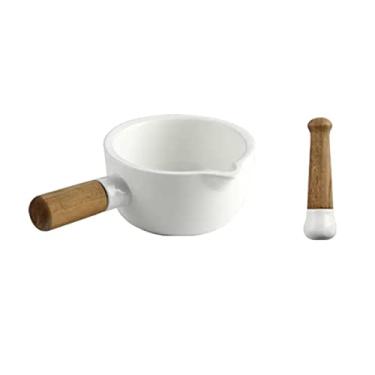 Imagem de Tigela Moedora Almofariz e pilão de porcelana, moedor de ervas de cerâmica, triturador de comprimidos com bico e cabos de madeira, branco, 4,9 pol. Moedor Triturador