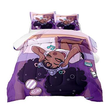 Imagem de Conjunto de edredom para meninas negras afro-americanas tamanho solteiro, edredom mágico para meninas negras para decoração de quarto Kawaii, preto menina amor música roxo conjunto de cama com 1 edredom + 1 fronha