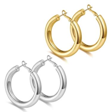 Imagem de BMMYE Brincos de argola de prata esterlina 925 com haste de ouro grosso, brincos banhados a ouro 14K para mulheres, tubo oco leve de 25 mm-70 mm, Cobre, Zircônia cúbica