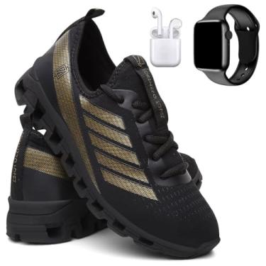 Imagem de Tênis Masculino Para Corrida Caminhada Academia Super Leve + Relógio Digital e Fone - Preto+Dourado/43
