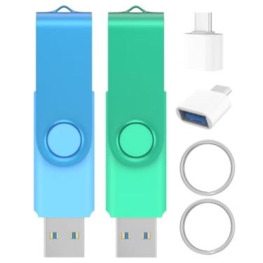 Imagem de Unidades flash USB 3.0 de 32 GB, pacote com 2 unidades com adaptador USB C 3.0 e chaveiros, pen drives giratórios Wooolken pendrive, pen drive USB