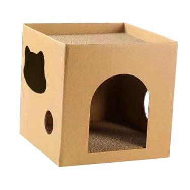 Imagem de Fenteer Casa de papelão para gatos com arranhador, cama de estar, caixa arranhadora para gatos, arranhador ondulado, esconderijo para gatos, casa de brincar, Marrom