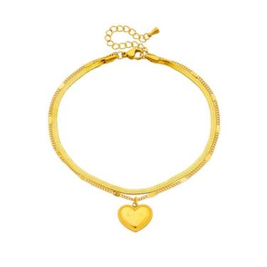 Imagem de Tornozeleira vintage com pingente de coração para mulheres, duas camadas, corações de amor, contas de pérola, corrente de elos, tornozeleira minimalista para os pés, joias, Adjustable, Aço inoxidável