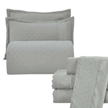 Imagem de Kit Cobre Leito Queen + Jogo De Lençol Micropercal 300 Fios Com Bordado Inglês Santorini 7 Peças - Cinza