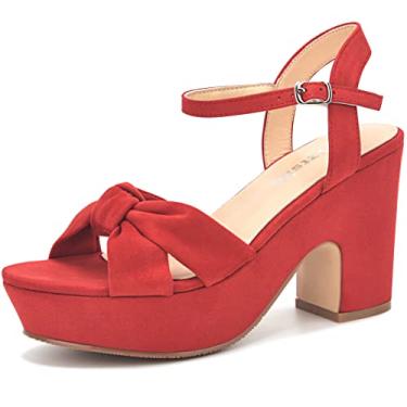 Imagem de Sandálias femininas de salto plataforma com tira no tornozelo Peep Toe Anabela Moda Casamento Sexy Vestido Bloco Salto Alto Grosso, Vermelho, 5.5