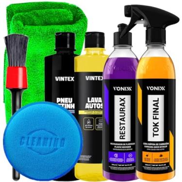 Imagem de Kit Vonixx Shampoo Automotivo Lava Autos Restaurax Cera Tok Final Vonixx Pneu Pretinho Pincel Toalha Aplicador Karbox