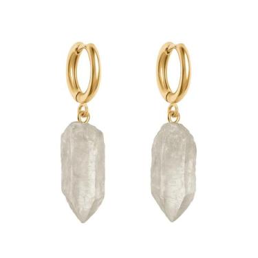 Imagem de Brinco de Argola Ponta de Cristal - Cristal Natural, Banho Ouro 18k