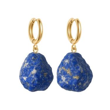 Imagem de Brinco de Argola Lápis Lazuli - Cristal Natural, Banho Ouro 18k